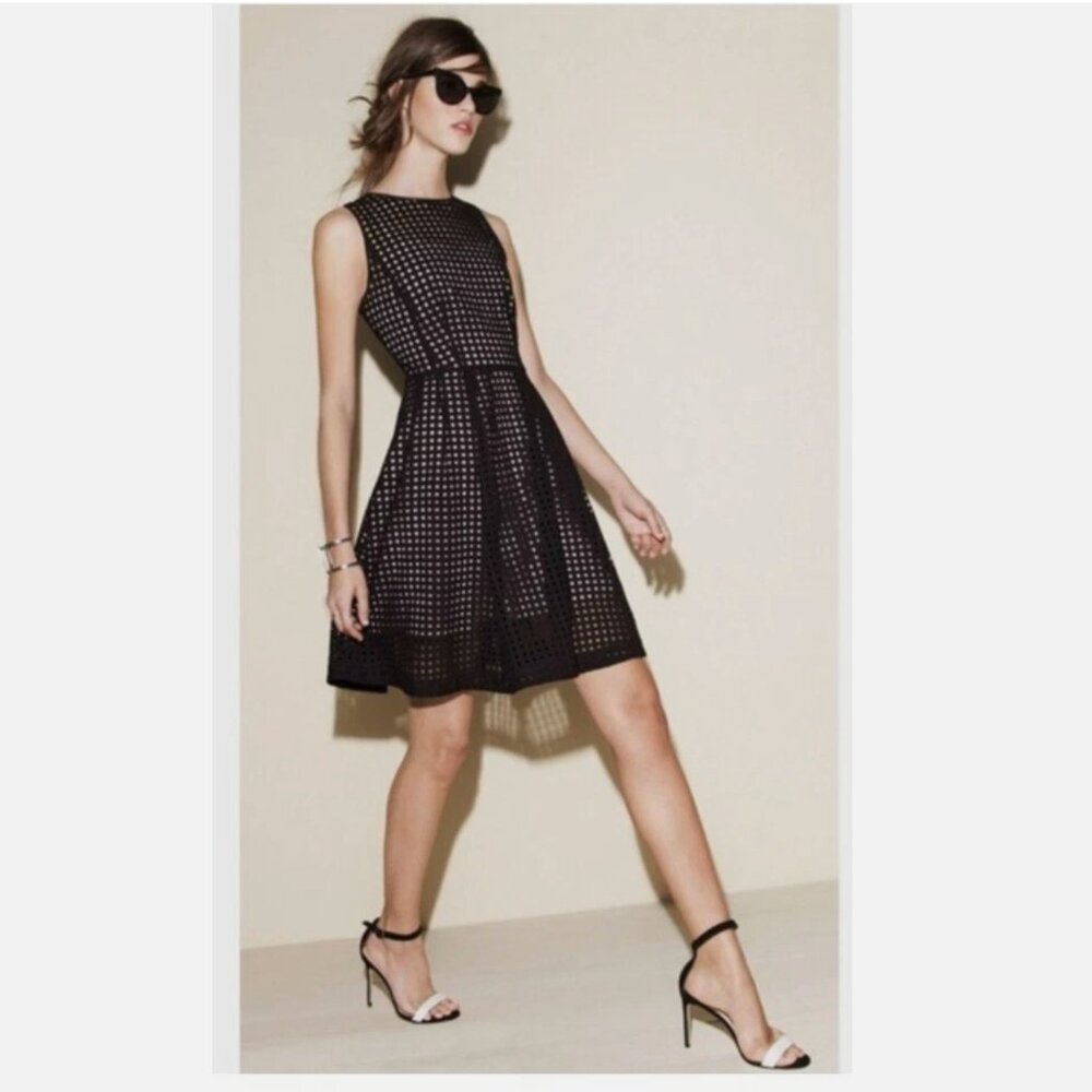 Halogen Black Prism Laser Cut Eyelet Fit Flare Sleeveless Midi Dress Size 14